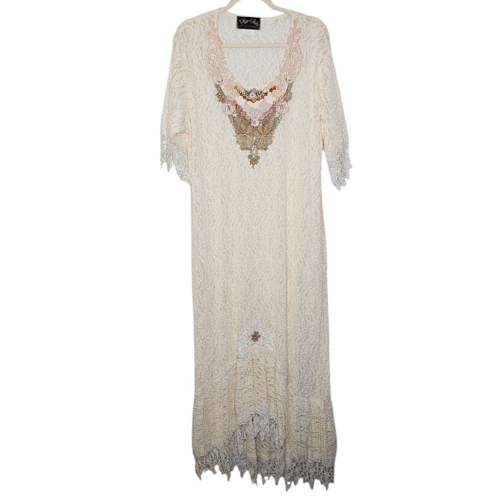 Vintage Phun shirts Lace Maxi Dress Embroidered 80s 90s USA Cottage Victorian XL
